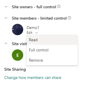 SharePoint site permissions panel showing 'Site owners - full control,' 'Site members - limited control' with 'Demo1' having edit permissions, and 'Site visitors - no control' with 'Everyone' having read access. The option to change site sharing settings is also visible