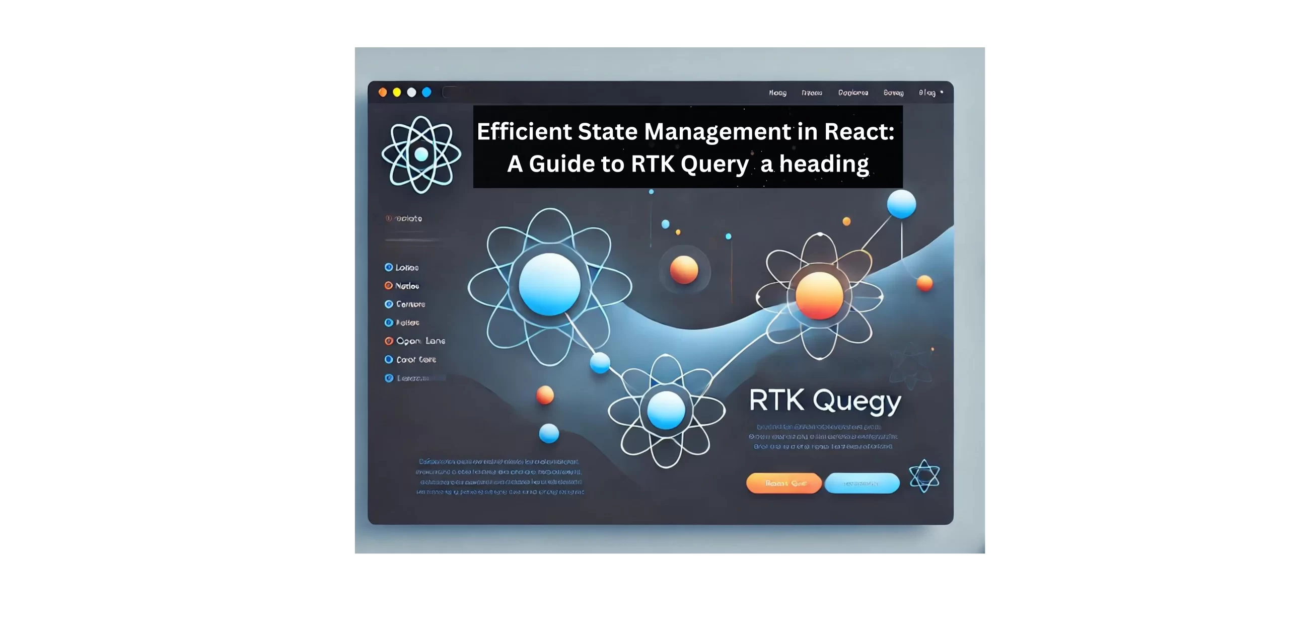 Illustration of a digital interface showcasing a blog titled 'Efficient State Management in React: A Guide to RTK Query,' with atomic design elements and a modern UI layout