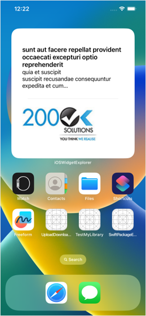 Screenshot of an iPhone home screen with a custom widget displaying a Latin quote: "sunt aut facere repellat provident occaecati excepturi optio reprehenderit quia et suscipit suscipit recusandae consequuntur expedita et cum...". The widget also shows the text "200K Solutions" with a checkmark. Below the widget are various app icons including Watch, Contacts, Files, Shortcuts, and others. 