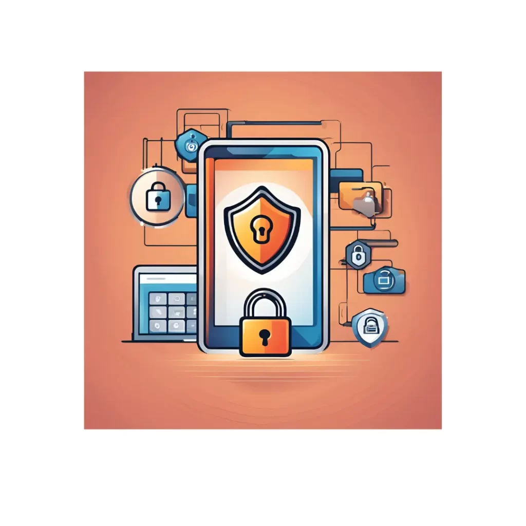 A digital security-themed poster featuring a smartphone with a prominent lock and shield icon on its screen, symbolizing secure data management. The background includes interconnected icons representing locks, keys, and security elements, all set against a warm, gradient background. This visual emphasizes the importance of protecting user data in mobile applications