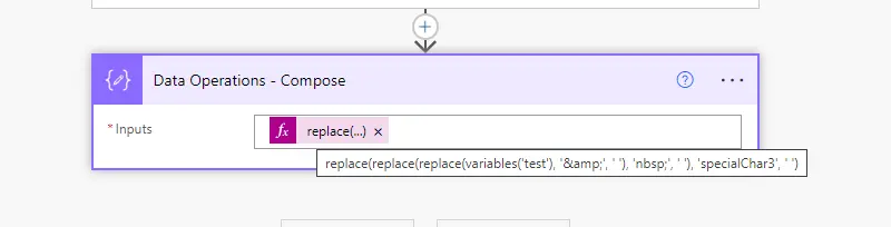 Power Automate Compose action with nested replace functions to clean up the variable 'test' by removing '&', 'nbsp;', and 'specialChar3'.