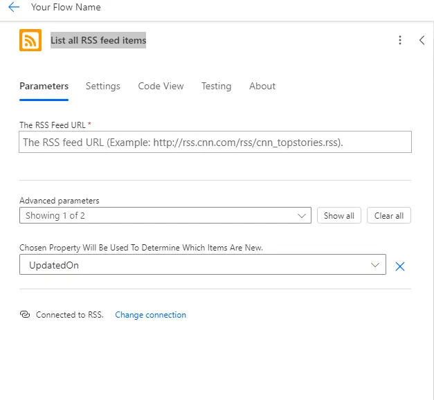 Power Automate flow builder with the "When a feed item is published" trigger selected. The user is configuring the RSS feed URL and advanced parameters for the trigger.