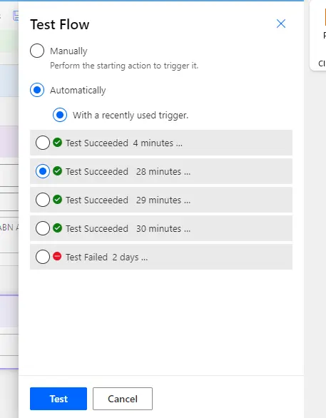 Power Automate flow test options dialog. Choose between manual or automatic testing, and view recent test results.