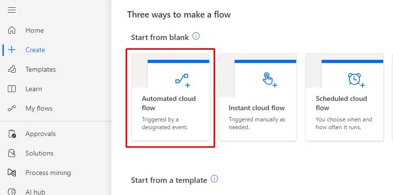 Screenshot of the "Automated cloud flow" option in a flow creation menu. It is described as being triggered by a designated event.