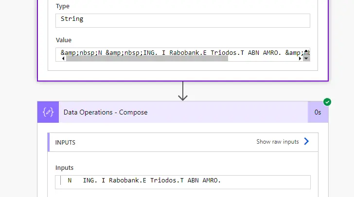 Power Automate Compose action with input text containing special characters like '&' and 'nbsp;'. The Compose action is used to remove these special characters from the input text.