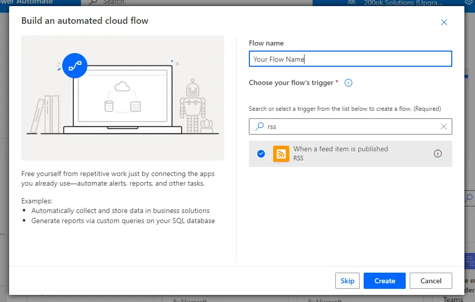 Screenshot of the Power Automate flow builder with the "When a feed item is published" trigger selected.