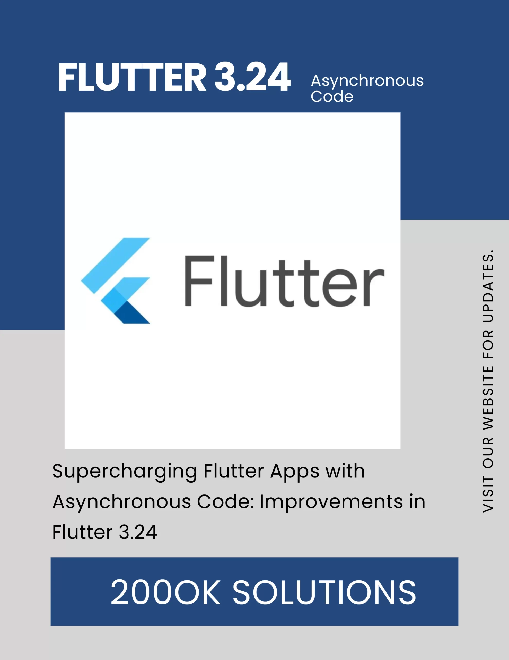 Flutter 3.24 asynchronous code improvements, featuring Flutter logo with the title 'Supercharging Flutter Apps with Asynchronous Code: Improvements in Flutter 3.24' by 200OK Solutions