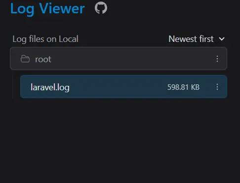 The image shows a screenshot of a "Log Viewer" interface. At the top, it displays a title "Log Viewer" with a GitHub icon next to it. Below the title, there is a section labeled "Log files on Local" with an expandable folder named "root." Within this folder, a single log file is listed, titled "laravel.log" with a size of 598.81 KB. There is an option to sort the logs by "Newest first" on the right side of the folder section. The interface appears to be part of a log management or viewing tool used for monitoring Laravel log files