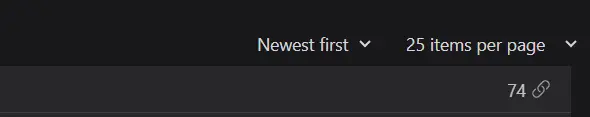 The image shows a portion of an interface related to log entries. It includes two dropdown options: one labeled "Newest first" and another labeled "25 items per page." These options indicate the sorting order and the number of log entries displayed per page. Below these dropdowns, there appears to be a section showing a count of log entries, with a number "74" displayed on the right side, next to a link icon. This likely indicates the current selection or number of filtered log entries in the view. The interface seems designed to help users manage, sort, and navigate through log entries efficiently