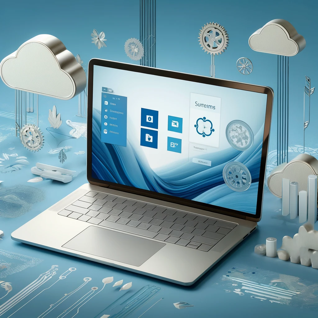 Modern laptop displaying a SharePoint Modern UI interface on the screen, with subtle abstract gears and tech patterns in the background. The image has a blue and white color scheme, with text overlay reading 'Best Practices for SharePoint Modern UI Customization in 2024' in a professional font