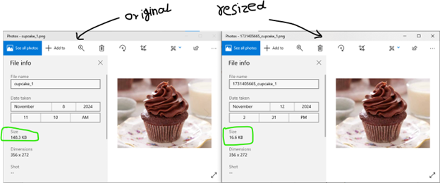 Comparison of original and resized image file sizes and dimensions in the Windows file properties viewer. The original is 1.43 KB, resized to 1.46 KB.