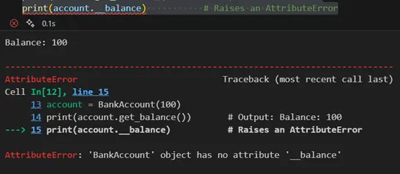 Example of Encapsulation in Python Code – Highlights code structure with private attributes and methods to demonstrate encapsulation.