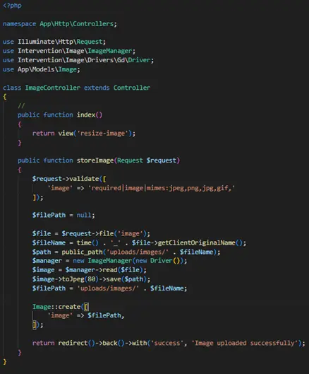 Code snippet showing a Laravel controller (ImageController) implementing image upload and resizing functionality using the Intervention Image package.