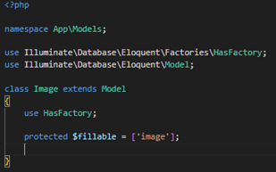 Code snippet of a Laravel model (Image) extending Eloquent\Model, with a $fillable property for the image attribute.