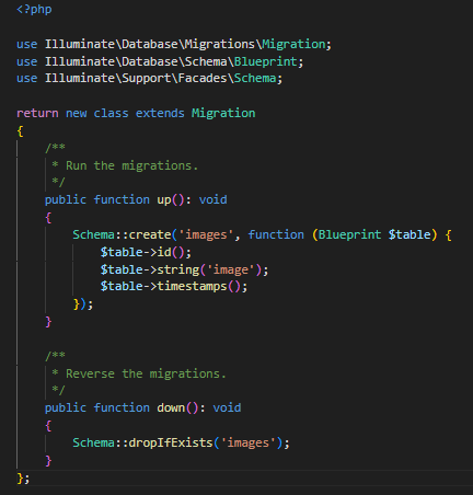 Laravel migration code to create an images table with an id, image string column, and timestamps.