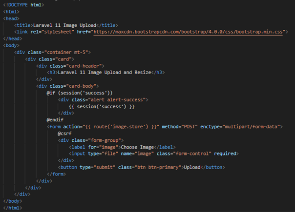 HTML form for image upload in a Laravel Blade view, using Bootstrap styling with an action route pointing to the storeImage method.