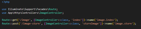  Laravel web routes file defining routes for the ImageController methods index and storeImage.