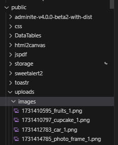 Directory structure in a Laravel project showing the uploads/images folder containing resized images with timestamped filenames.